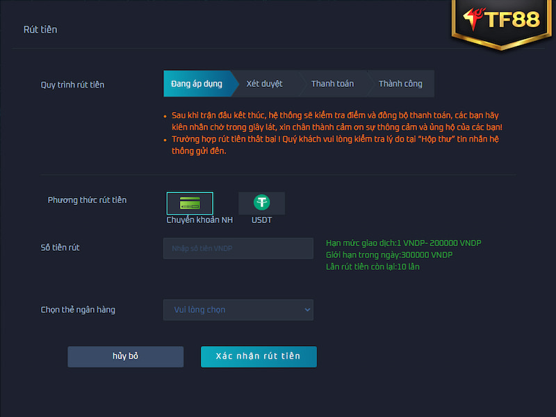 Hướng dẫn rút tiền TF88 về tài khoản ngân hàng