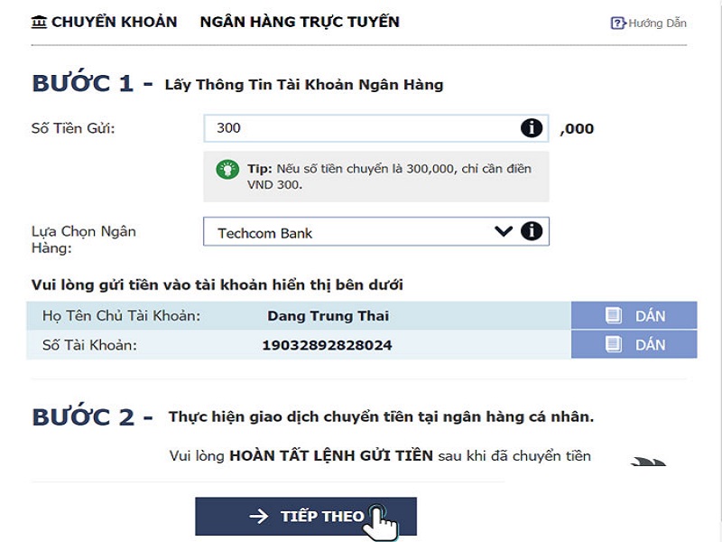 Nạp tiền tại app M88