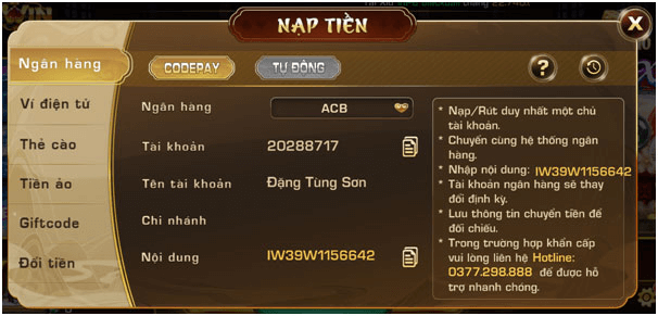 Nạp tiền vào game iWIN Club qua tài khoản ngân hàng