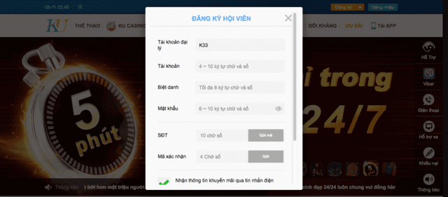 Đăng ký tài khoản tại nhà cái Ku11