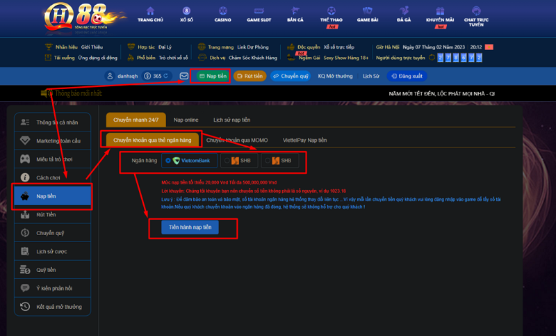 Nạp tiền QH88 qua hình thức thanh toán trực tuyến