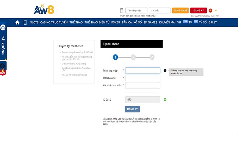 Biểu mẫu đăng ký tạo tài khoản AW8 mới nhất