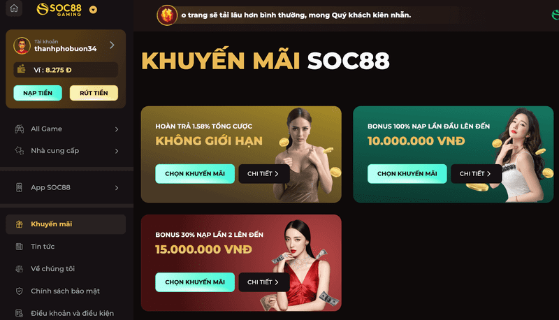 Vô vàn khuyến mãi hấp dẫn được SOC88 cập nhật mỗi ngày mở ra hàng loạt cơ hội mới cho người chơi