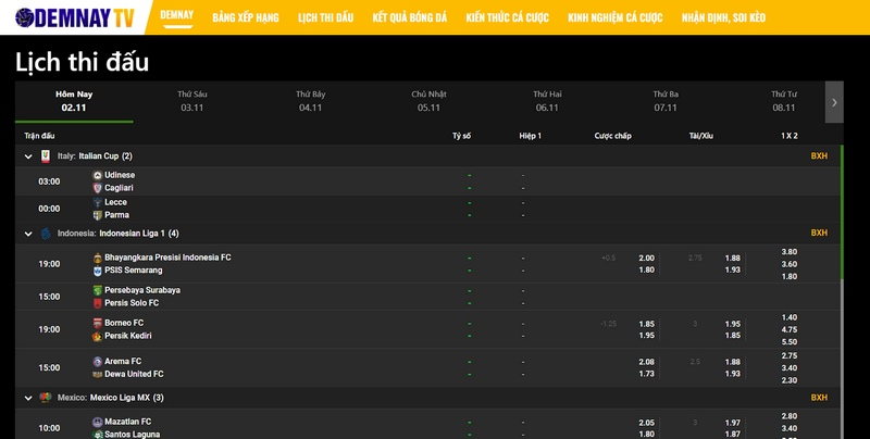 Demnay cập nhật nhanh chóng lịch thi đấu của các đội bóng đá lớn nhỏ