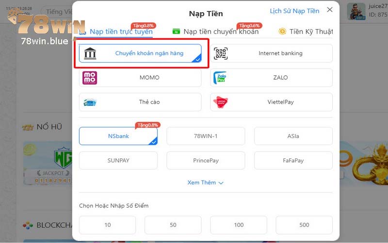 Chuyển khoản đến 78win không phức tạp