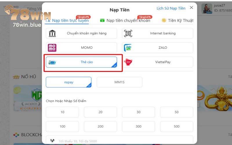 Nạp tiền đến nhà cái 78win bằng thẻ cào rất nhanh chỉ trong 1-2p