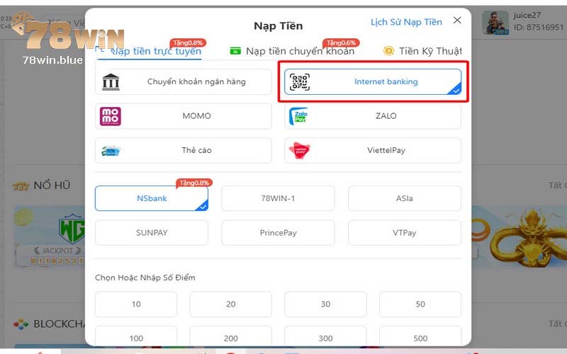 Internet banking - Cách nạp tiền 78win dễ dàng