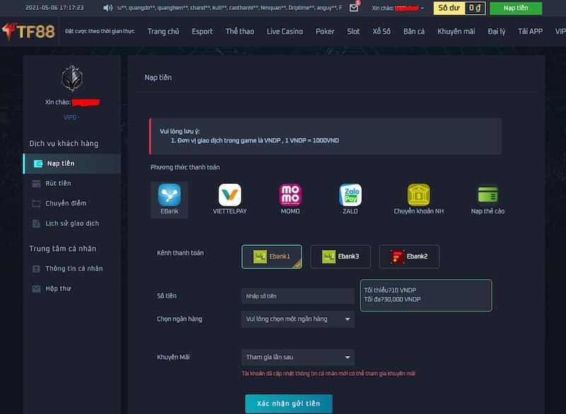 Nạp tiền vào tài khoản game TF88 để bắt đầu cá cược