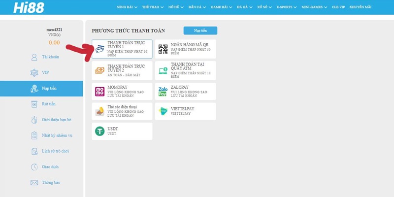 Đâu là loại hình nạp tiền được sử dụng nhiều nhất tại nhà cái Hi88?