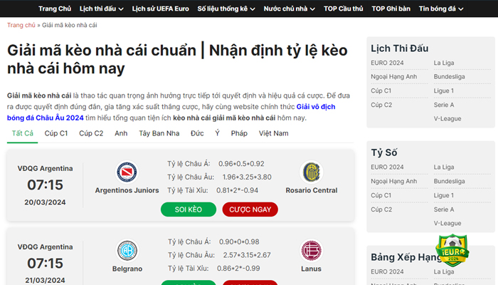 Giao diện tính năng giải mã kèo nhà cái tại trang iEuro2024